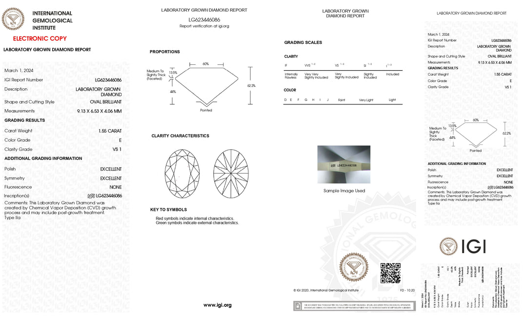 IGI Certified 1.55 Carat Oval Cut Lab-Grown Diamond - VS1 Clarity, E Color