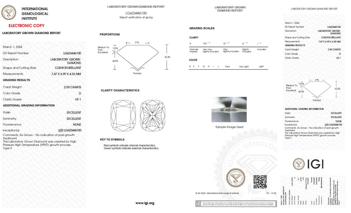 IGI Certified 2.00 CT Cushion Lab-Grown Diamond - D Color, VS1 Clarity