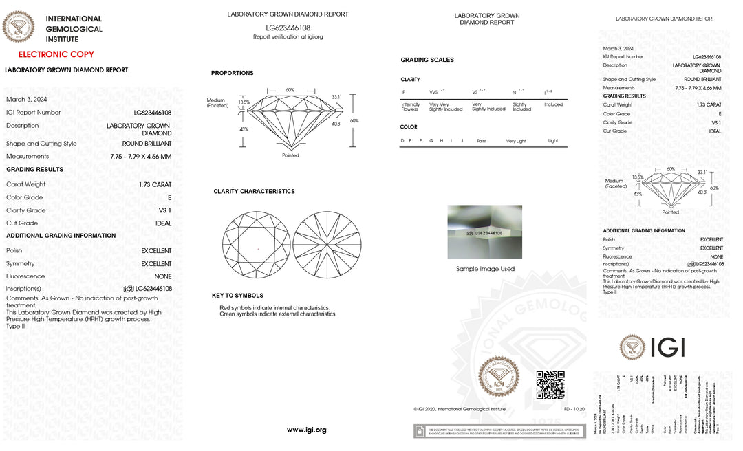 Diamante cultivado en laboratorio de talla redonda de 1,73 quilates con certificación IGI: claridad VS1, color E, talla ideal