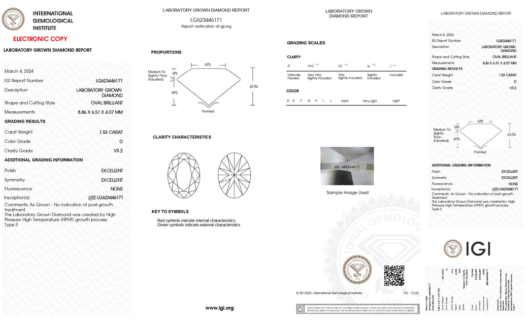 Diamante cultivado en laboratorio de talla ovalada de 1,53 quilates con certificación IGI: color D, claridad VS2