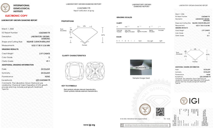 Diamant cultivé en laboratoire, taille coussin, certifié IGI, 2,97 carats, couleur D, clarté VS1