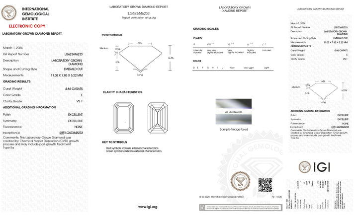 Diamante cultivado en laboratorio de talla esmeralda de 4,66 quilates con certificación IGI: color E, claridad VS1