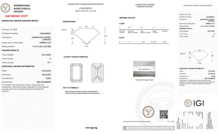 IGI Certified 1.50 CT Lab Grown Emerald Cut Diamond - VS1 Clarity, D Color