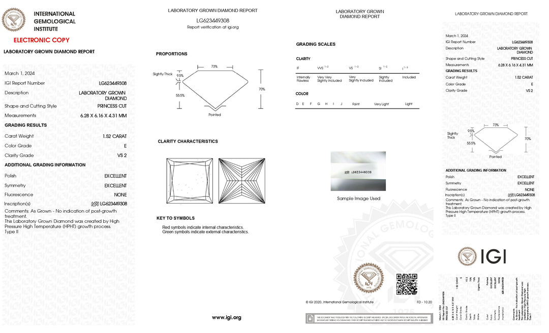 Elegant IGI Certified 1.52 CT Princess Cut Lab-Grown Diamond (VS2, E Color)