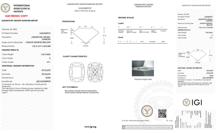 Diamante cultivado en laboratorio de talla cojín larga de 1,50 quilates con certificación IGI | Claridad VS1 | Color D