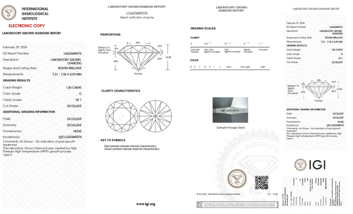 Diamante redondo cultivado en laboratorio de 1,50 quilates con certificación IGI: color D, claridad VS1: pura elegancia