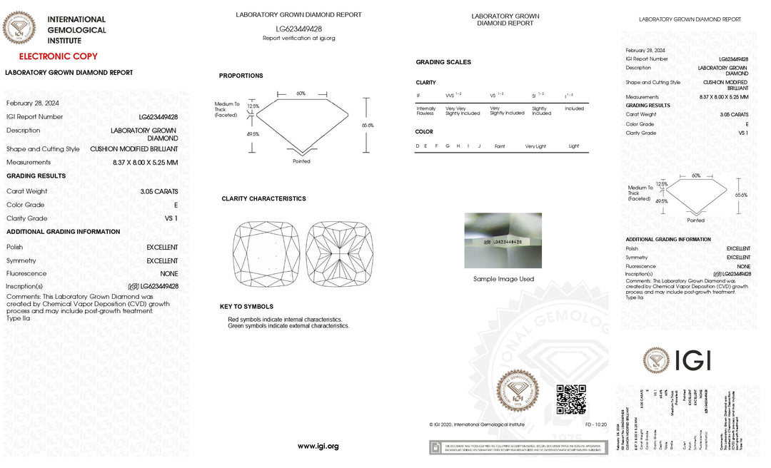 Diamante cultivado en laboratorio de talla cojín de 3,05 quilates con certificación IGI, color E, claridad VS1