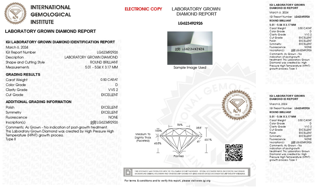 IGI Certified 0.50 CT Round Cut Lab-Grown Diamond | D Color, VVS2 Clarity