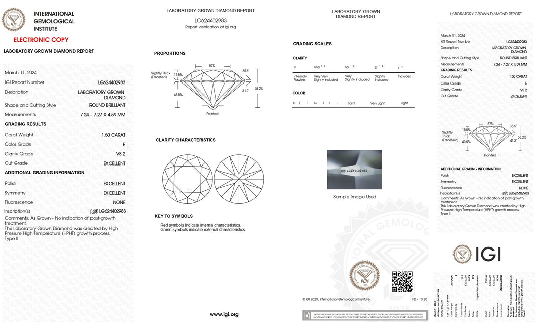 IGI Certified 1.50 CT Round Lab Grown Diamond - E Color, VS2 Clarity