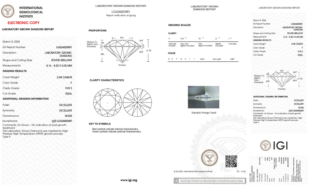 Diamante cultivado en laboratorio de talla redonda de 2,08 quilates con certificación IGI: claridad VVS2, color F