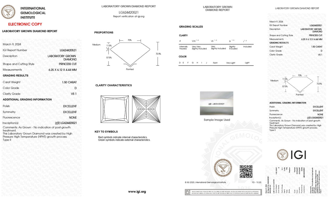 Diamant cultivé en laboratoire de taille princesse de 1,50 ct certifié IGI - Couleur D, clarté VS1 exquise