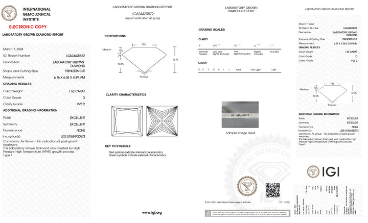 Diamant cultivé en laboratoire de taille princesse de 1,52 ct certifié IGI - Couleur VVS2 D