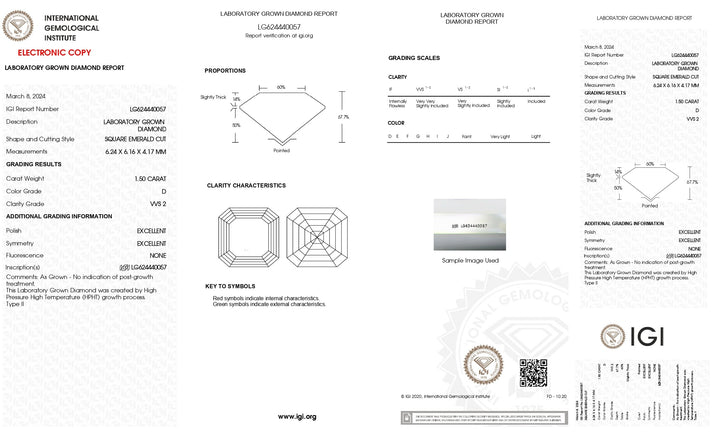 Diamante de talla esmeralda cuadrado cultivado en laboratorio de 1,50 quilates con certificación IGI: color D, claridad VVS2