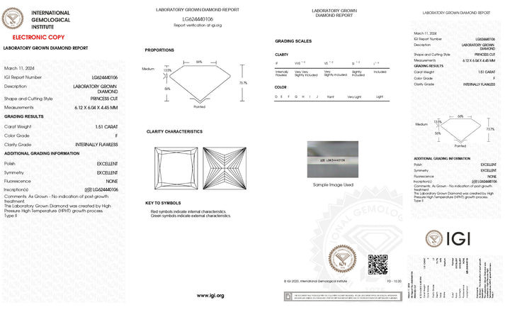 Diamant cultivé en laboratoire certifié IGI 1,51 CT taille princesse - Impeccable à l'intérieur, couleur F