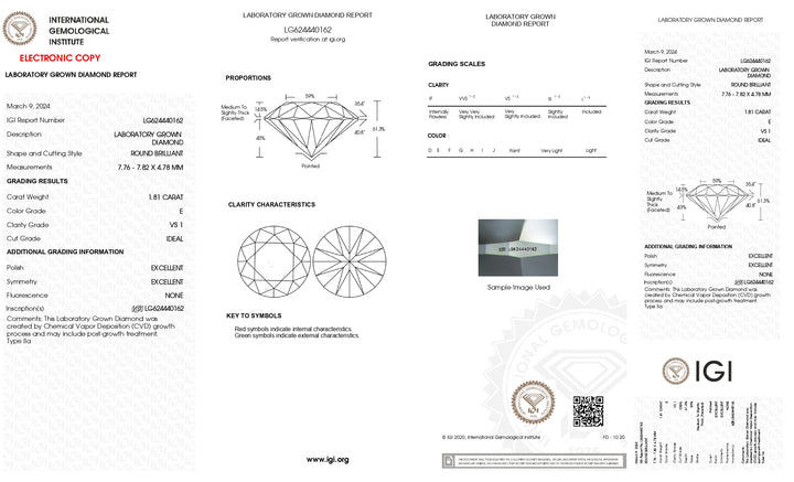 IGI Certified 1.81 Carat Round Cut Lab-Grown Diamond, E Color, VS1 Clarity, Ideal Cut