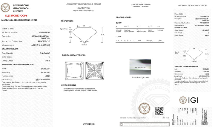 IGI Certified 1.50 CT Princess Cut Lab Grown Diamond - Vivid E Color, Exceptional VVS2 Clarity