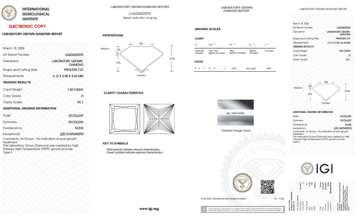 IGI Certified 1.50 CT Princess Cut Lab Grown Diamond - D Color, Dazzling VS1 Clarity