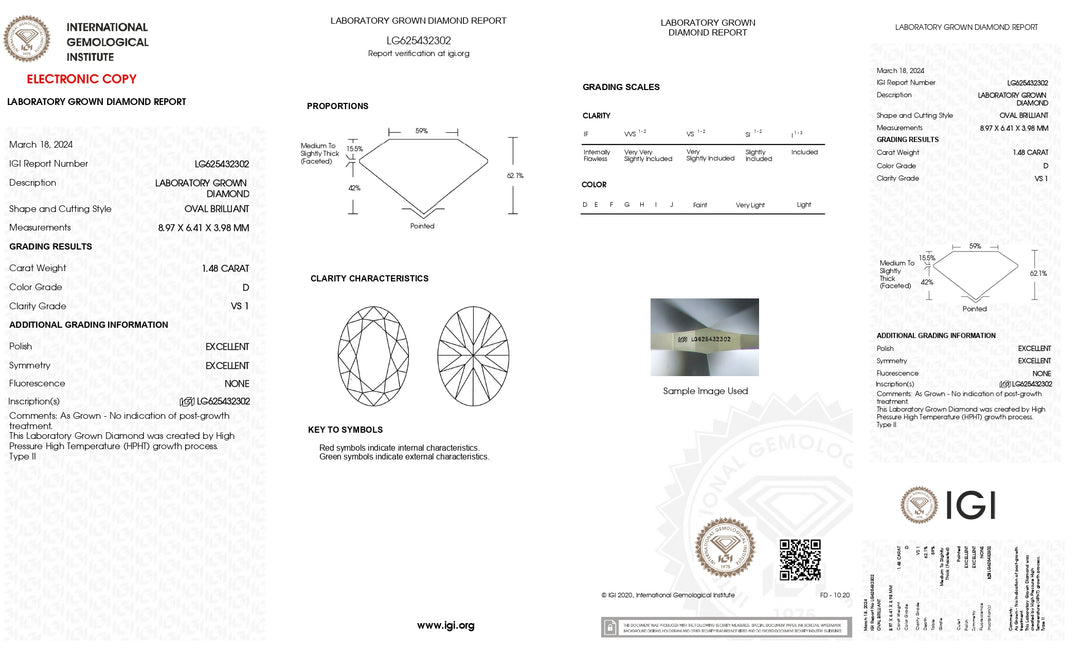 IGI Certified 1.48 CT D Color VS1 Oval HPHT Lab-Grown Diamond