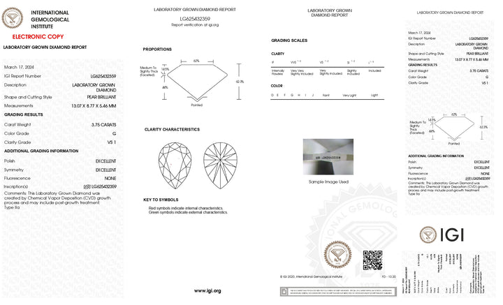 Diamante cultivado en laboratorio de talla pera de 3,75 quilates con certificación IGI: claridad VS1, color G