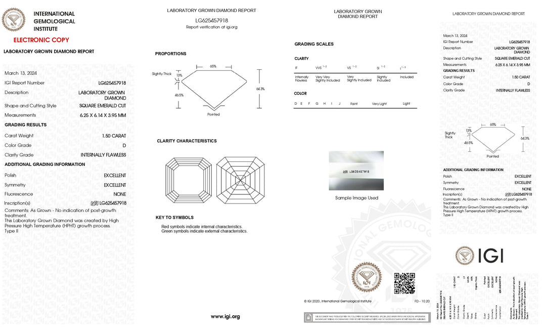 Diamante cultivado en laboratorio de talla esmeralda cuadrada de 1,50 quilates con certificación IGI, color D, sin defectos internos