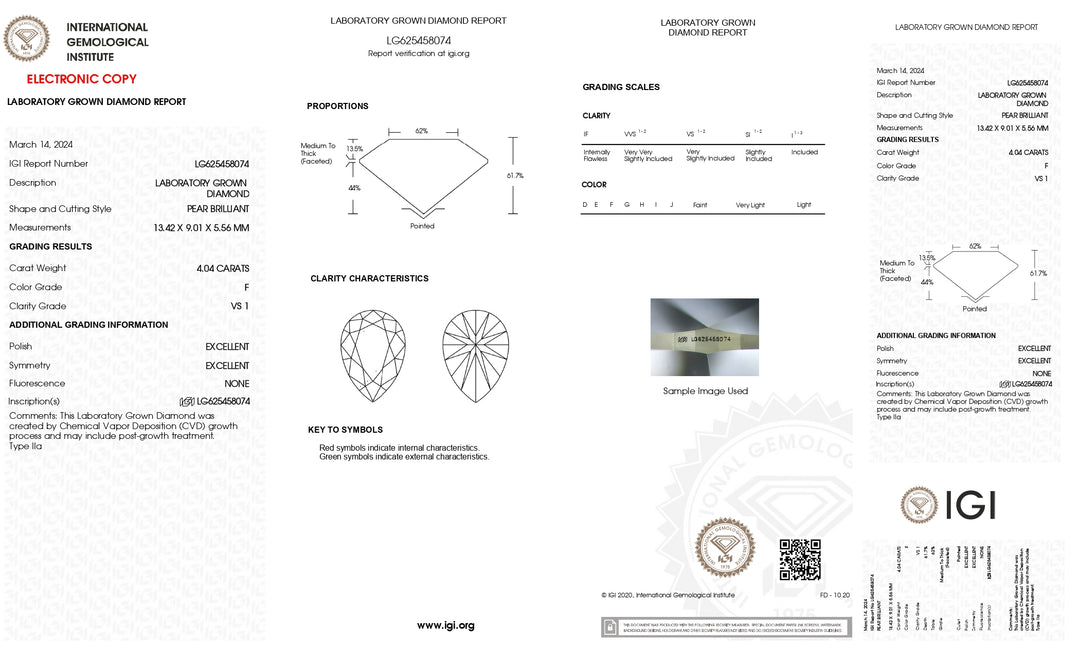 IGI Certified 4.04 CT Pear Shape Lab Grown Diamond - F Color, VS1 Clarity