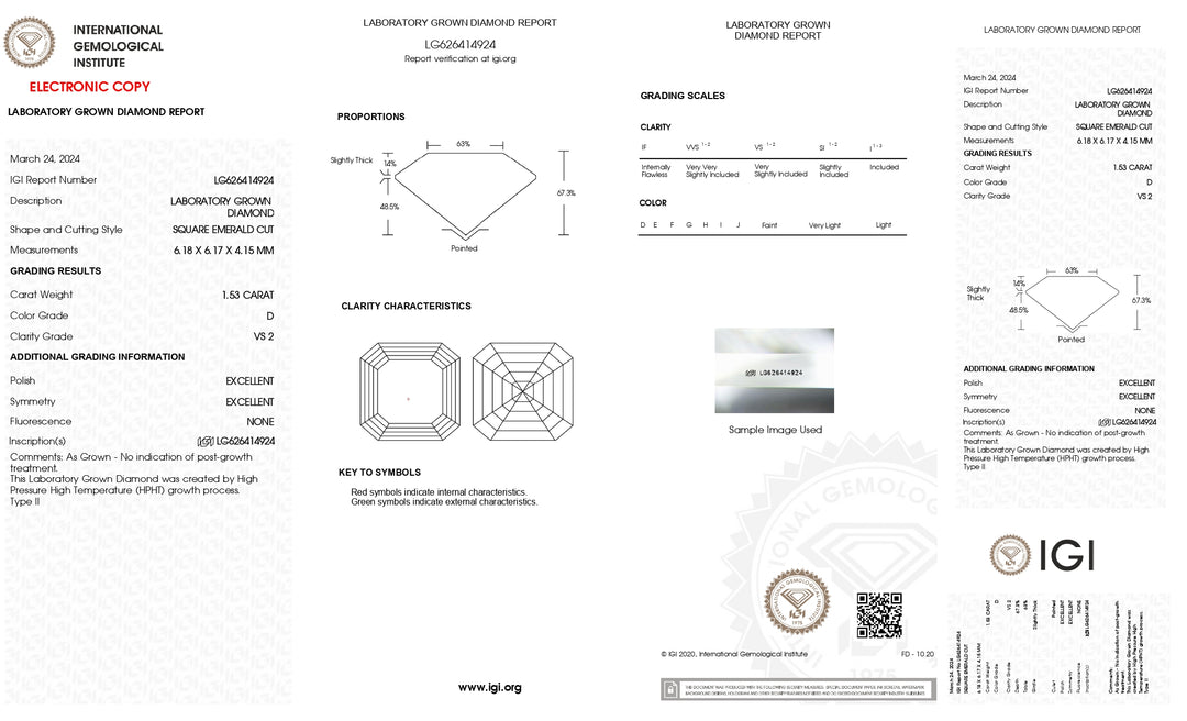 Diamante cultivado en laboratorio de talla esmeralda cuadrada de 1,53 quilates con certificación IGI: claridad VS2, color D