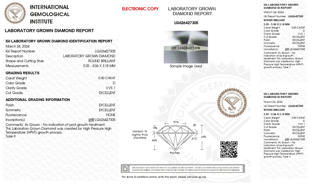 IGI Certified 0.50 CT Round Cut Lab-Grown Diamond | VVS1 Clarity | D Color