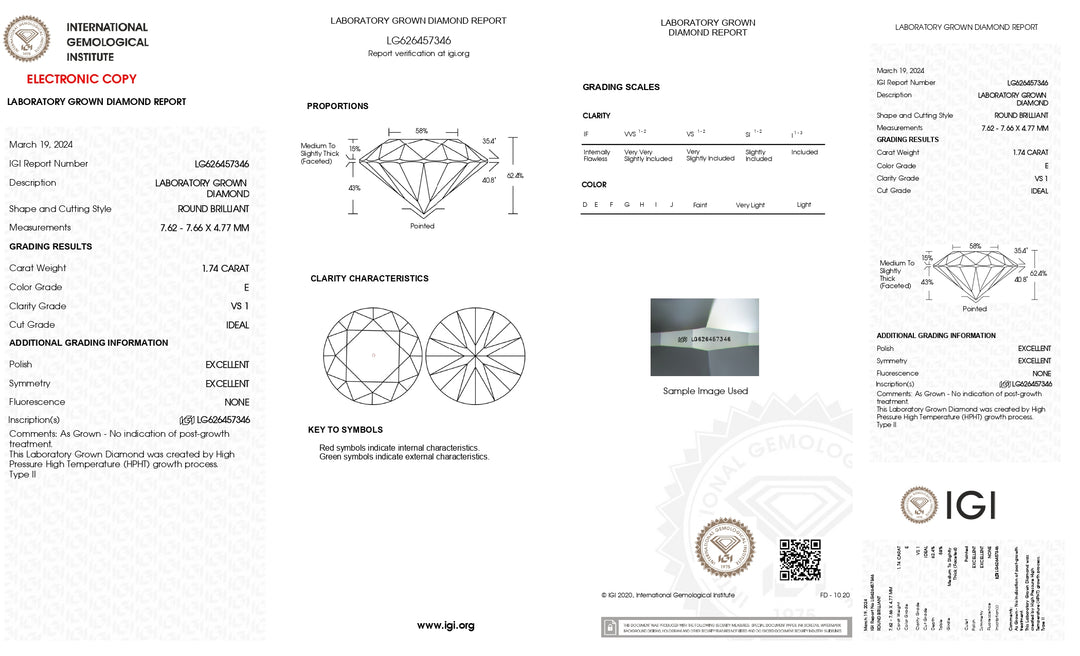 Diamante cultivado en laboratorio de talla redonda de 1,74 quilates con certificación IGI: claridad VS1, color E, talla excelente