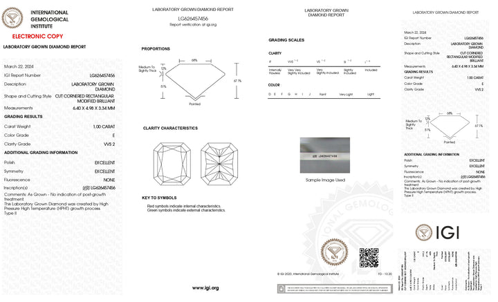 IGI Certified 1.00 CT Radiant Lab Grown Diamond - E Color, VVS2 Clarity