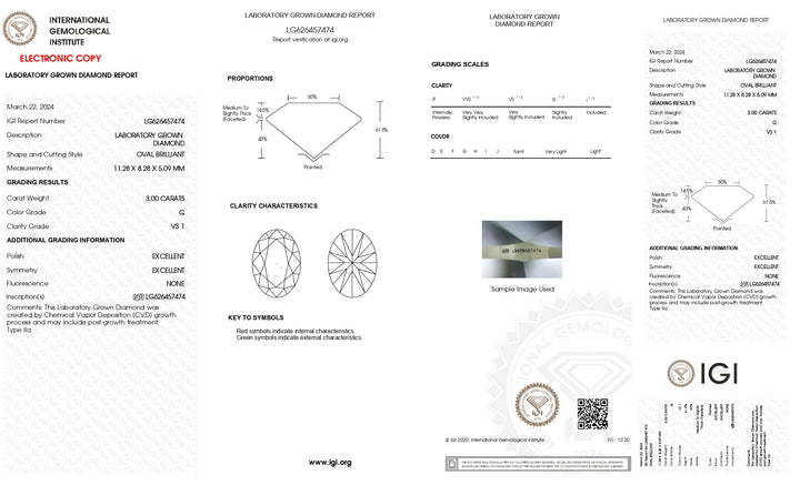 IGI Certified 3.00 CT Oval Cut Lab Grown Diamond | G Color, VS1 Clarity