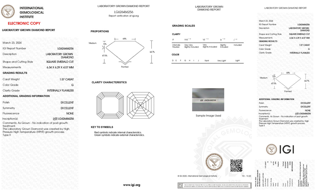 Diamante de talla esmeralda cuadrado cultivado en laboratorio de 1,57 quilates con certificación IGI: color G, sin defectos internos