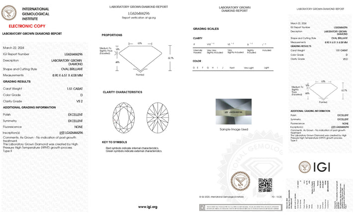 Diamante cultivado en laboratorio de talla ovalada de 1,51 quilates con certificación IGI | Color D | Claridad VS2 | Calidad HPHT prémium