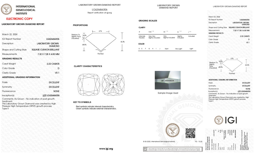 IGI Certified 2.22 CT Cushion Cut Lab Grown Diamond - VS1 Clarity, D Color