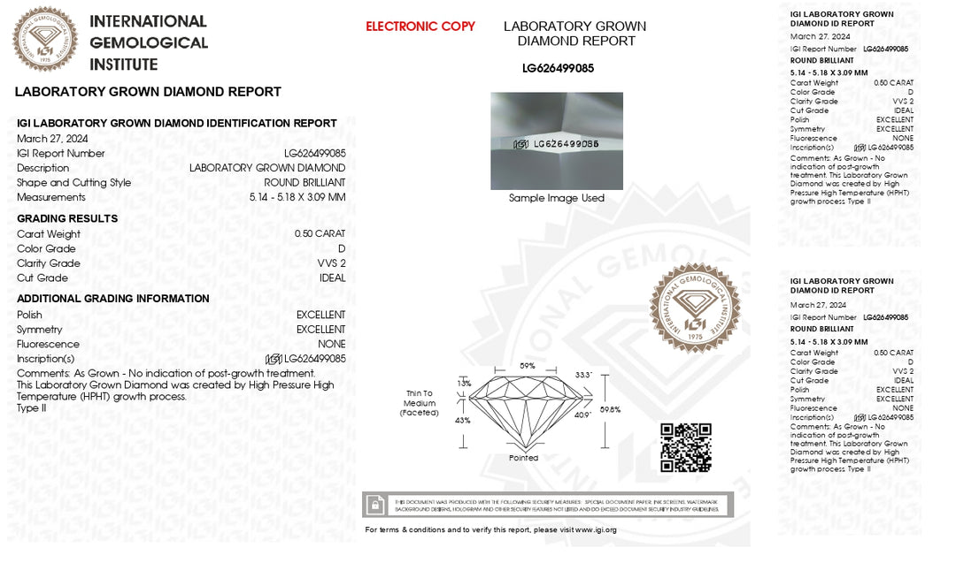 IGI Certified 0.50 CT Round Cut Lab-Grown Diamond | D Color, VVS2 Clarity