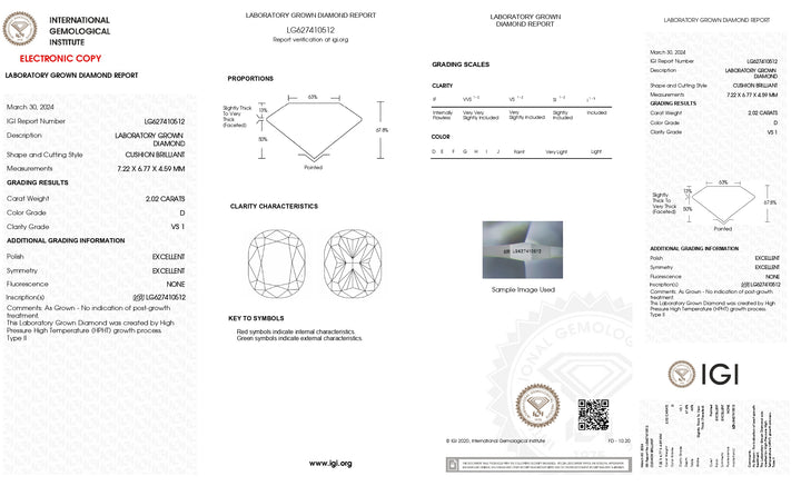 IGI Certified 2.02 CT Cushion Cut Lab Grown Diamond - D Color, VS1 Clarity