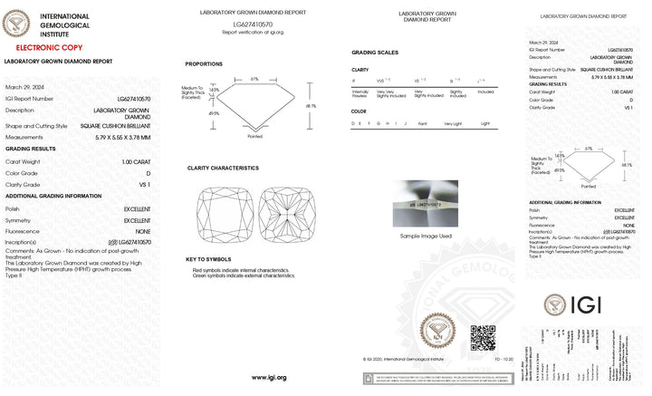 IGI Certified 1.00 CT D Color VS1 Cushion Cut Lab-Grown Diamond