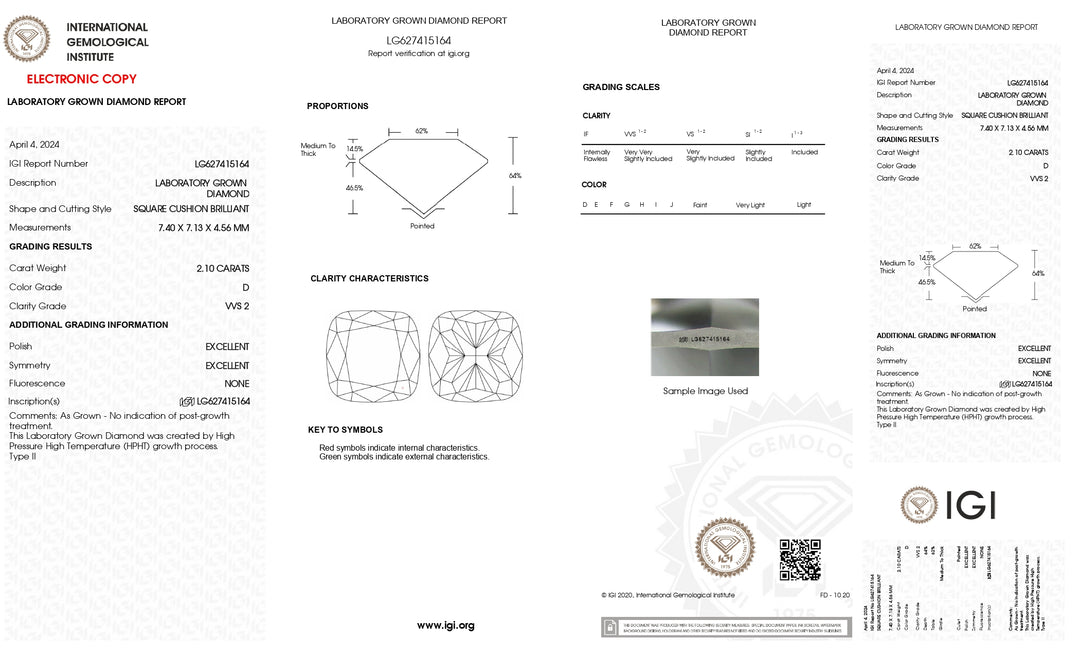 IGI Certified 2.10 CT Cushion Cut Lab-Grown Diamond - D Color, VVS2 Clarity