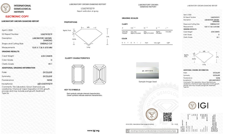 Diamante cultivado en laboratorio de talla esmeralda de 4,05 quilates con certificación IGI: color D, claridad VS1