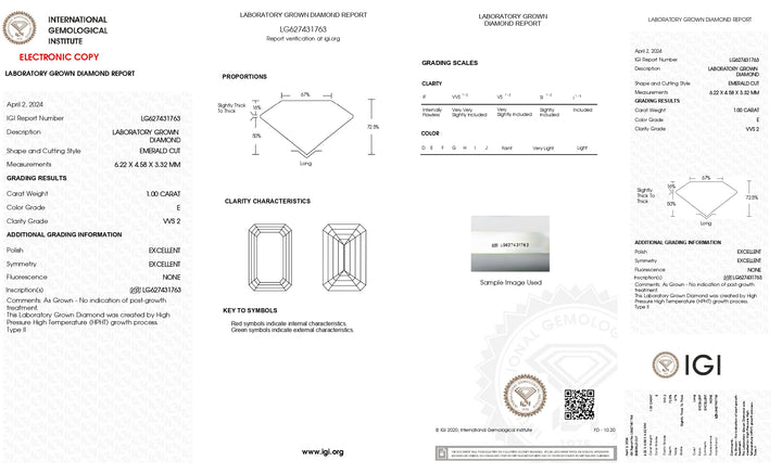 IGI Certified 1.00 CT Emerald Cut Lab Grown Diamond - Elegant E Color, Stunning VVS2 Clarity