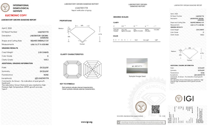IGI Certified 2.00 CT Square Emerald Cut Lab Grown Diamond | D Color, VVS2 Clarity