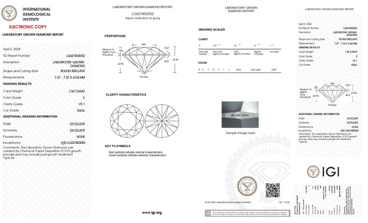 Elegant Brilliance: IGI Certified 1.50 CT Round Cut Lab Grown Diamond | E Color | VS1 Clarity