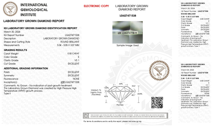 IGI Certified 0.50 CT Round Cut Lab-Grown Diamond | D Color, VS1 Clarity