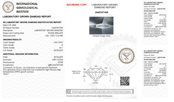 IGI Certified 0.50 CT Round Cut Lab-Grown Diamond | D Color, VS1 Clarity