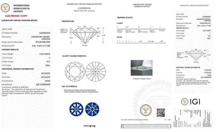 Diamant cultivé en laboratoire de taille ronde de 2,24 ct certifié IGI - Clarté VS2, couleur F, excellente coupe