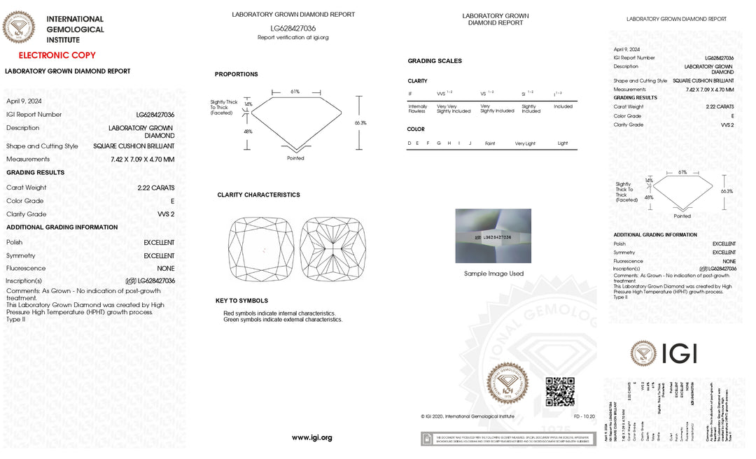 IGI Certified 2.22 CT Cushion Cut Lab Grown Diamond - VVS2 Clarity, E Color