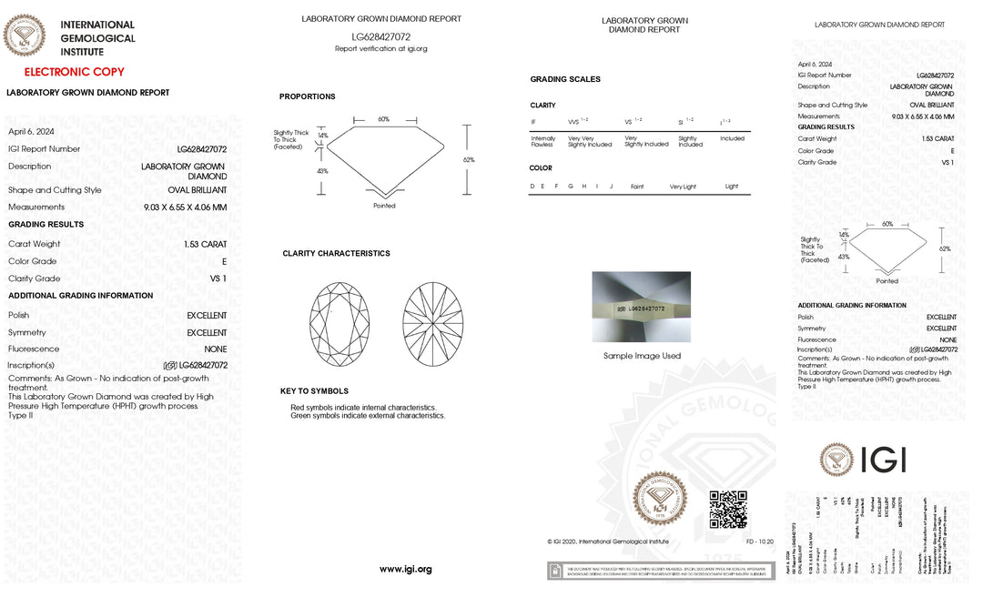 Diamante cultivado en laboratorio de talla ovalada de 1,53 quilates con certificación IGI: color E, claridad VS1