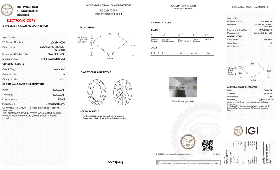 IGI Certified 1.48 CT D Color VS1 Oval HPHT Lab-Grown Diamond