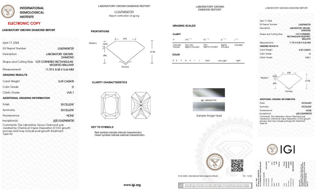 Exquisite IGI Certified 5.09 CT Radiant Cut Lab Grown Diamond - VVS1 Clarity, Color Grade D