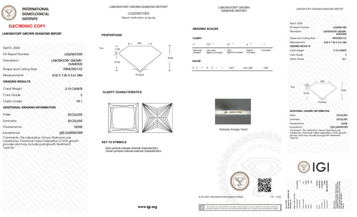 Diamant cultivé en laboratoire certifié IGI 3,10 CT taille princesse - Clarté VS1, couleur E