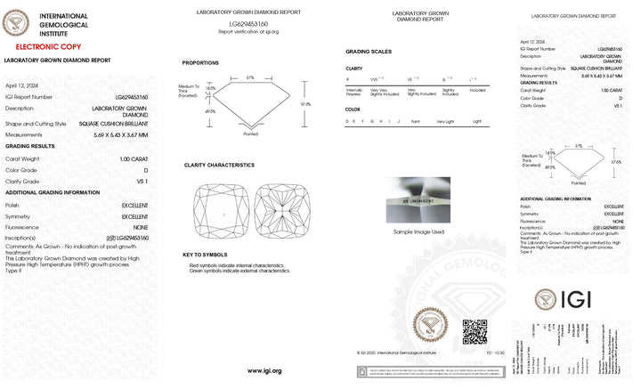 IGI Certified 1.00 CT Cushion Cut Lab-Grown Diamond - D Color, VS1 Clarity